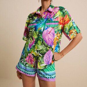 Multicolor Boho Women's Palm Leaf Print Shirt & Patterned Shorts Two-Piece Set